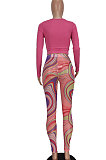 Rose Red Women Solid Color Top Drawsting Sexy Mesh Spaghetti Printing Pants Sets AGY68523-3