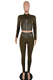 Black Fashion Flocking Leather Spliced Long Sleeve High Neck Zipper Tops Pencil Pants Bodycon Sets YYZ655-2
