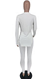 White Sexy Ribber Long Sleeve Round Neck Slit Tops Skinny Pants Slim Fitting Solid Color Sets XXR3008-1