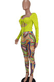 Yellow Women Solid Color Top Drawsting Sexy Mesh Spaghetti Printing Pants Sets AGY68523-1