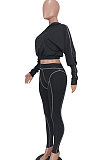 Gray Women Fashion Casual Dew Waist Pure Color Bodycon Pants Sets ED1072-1