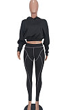 Black Women Fashion Casual Dew Waist Pure Color Bodycon Pants Sets ED1072-2