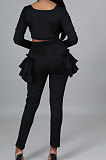 Black Pure And Fresh Women Long Sleeve Square Neck Ruffle Crop Top Trousers Solid Color YYZ943-2