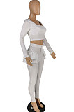 White Pure And Fresh Women Long Sleeve Square Neck Ruffle Crop Top Trousers Solid Color YYZ943-1