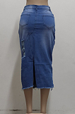 Blue Casual Hole Elasticty High Waist Split Jean Long Skirts SMR2537-2