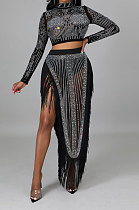 Black Women Long Sleeve Round Collar Hot Drilling Sexy Side High Split Tassel Skirts Sets CCY9327-1