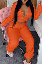 Orange Fashion Suede Long Sleeve Zipper Hoodie High Waist Trousers Plain Color Sport Sets BBN213-3