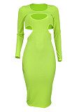 Neon Green Women Pure Color Bodycon Ribber Hole Long Sleeve Midi Dress ED1080-2