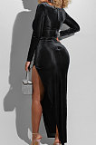 Black Fashion Sexy Velvet Long Sleeve Square Neck For Party High Slits Slim Fitting Dress ZS0428-2