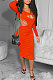 Orange Red Women Pure Color Bodycon Ribber Hole Long Sleeve Midi Dress ED1080-3