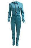 Black Euramerican Women Autumn Pure Color Zipper Hooded Top Ruffle Pants Sets XQ1146-4