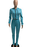 Sky Blue Euramerican Women Autumn Pure Color Zipper Hooded Top Ruffle Pants Sets XQ1146-1