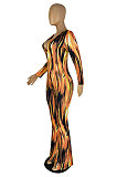 Orange Wholesale Women Printing Long Sleeve V Neck Collect Waist Flare Jumpsuits ZMM9125-1