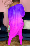 Purple Tie Dye Design Printing Long Sleeve Oblique Shoulder Tops Skinny Pants Casual Sets YNS1680-3