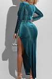 Lake Blue Fashion Sexy Velvet Long Sleeve Square Neck For Party High Slits Slim Fitting Dress ZS0428-5