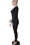 Black Women Pure Color Long Sleeve Zipper Plaid Printing Spliced Bodycon Jumpsuits LD81051-1