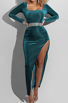 Lake Blue Fashion Sexy Velvet Long Sleeve Square Neck For Party High Slits Slim Fitting Dress ZS0428-5