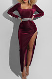 Black Fashion Sexy Velvet Long Sleeve Square Neck For Party High Slits Slim Fitting Dress ZS0428-2