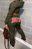 Dark Gray Women Solid Color Hooded Top Sport Letters Printing Pants Sets LD8796-3