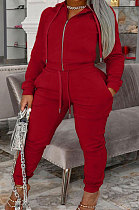 Red Autumn Winter Fat Women Long Sleeve Cardigan Zipper Hoodie Trousers Solid Color Sets YSH86272-6