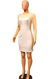 White Women Sexy Bling Bling Hip Perspectivity Pullover Mid Waist Mini Dress CCY9325-1