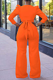 Orange Red Sexy Pure Color Puff Sleeve V Neck Back Bandage Crop Tops Wide Leg Pants Sets ZMM9126-3