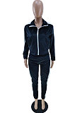 Blue Wholesale Velvet Side White Stripe Cardigan Zip Front Jacket Coat Trousers Sport Sets BM7235-3