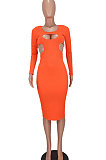 Brown Women Pure Color Bodycon Ribber Hole Long Sleeve Midi Dress ED1080-1
