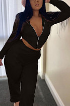 Black Fashion Suede Long Sleeve Zipper Hoodie High Waist Trousers Plain Color Sport Sets BBN213-2