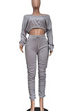 Gray Women Batwing Sleeve Pure Color Long Sleeve Crop Ruffle Pants Sets LD8768-3