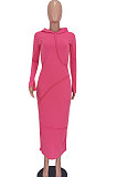 Lotus Pink Women Fashion Long Sleeve Solid Color Cotton Hooded Mid Waist Long Dress ED1073-3