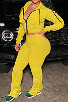 Yellow Euramerican Women Autumn Pure Color Zipper Hooded Top Ruffle Pants Sets XQ1146-2