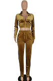 Khaki Women Long Sleeve Cardigan Zipper Pleuche Pure Color Spliced Pants Sets FFE187-1