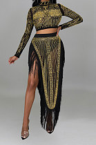 Golden Women Long Sleeve Round Collar Hot Drilling Sexy Side High Split Tassel Skirts Sets CCY9327-3