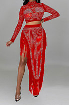 Red Women Long Sleeve Round Collar Hot Drilling Sexy Side High Split Tassel Skirts Sets CCY9327-2