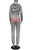 Dark Gray Women Solid Color Hooded Top Sport Letters Printing Pants Sets LD8796-3