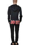 Gray Women Solid Color Hooded Top Sport Letters Printing Pants Sets LD8796-1