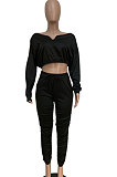 Rose Red Women Batwing Sleeve Pure Color Long Sleeve Crop Ruffle Pants Sets LD8768-6