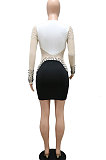 White Wowen Fashion Deep V Collar Sexy Color Matching Bling Bling Hip Mini Dress CCY9336