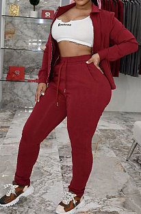 Wine Red Women Trendy Casual Thin Velvet Pure Color Long Sleeve Cardigan Zipper Pants Sets ED1074-4