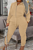 Khaki Autumn Winter Fat Women Long Sleeve Cardigan Zipper Hoodie Trousers Solid Color Sets YSH86272-2