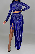 Blue Women Long Sleeve Round Collar Hot Drilling Sexy Side High Split Tassel Skirts Sets CCY9327-4
