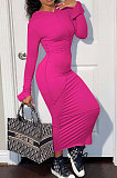 Rose Red Women Fashion Long Sleeve Solid Color Cotton Hooded Mid Waist Long Dress ED1073-2