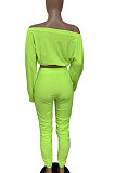 Neon Green Women Batwing Sleeve Pure Color Long Sleeve Crop Ruffle Pants Sets LD8768-5