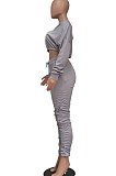 Gray Women Batwing Sleeve Pure Color Long Sleeve Crop Ruffle Pants Sets LD8768-3