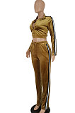 Khaki Women Long Sleeve Cardigan Zipper Pleuche Pure Color Spliced Pants Sets FFE187-1