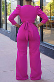 Rose Red Sexy Pure Color Puff Sleeve V Neck Back Bandage Crop Tops Wide Leg Pants Sets ZMM9126-2