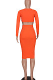 Orange Red Women Pure Color Bodycon Ribber Hole Long Sleeve Midi Dress ED1080-3