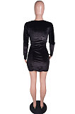 Black Sexy Nigh Club Velvet Long Sleeve Dew Waist Solid Color Split Dress BS1293-3