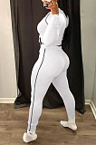 White Modest Shirred Detail Side Stripe Long Sleeve Dew Waist Tops Pencil Pants Slim Fitting Sets YYF8257-1